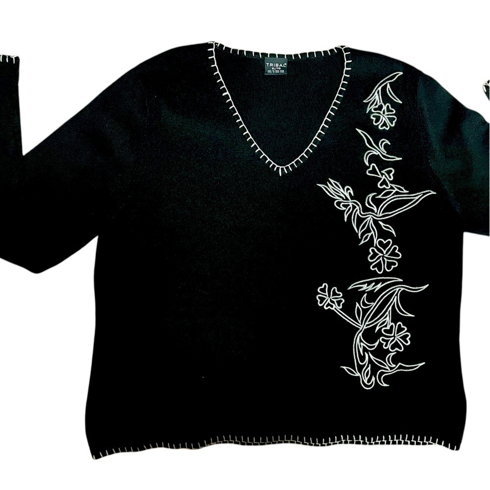 TRIBAL Black Floral Embroidered Women's Sweater, V neck, size XL